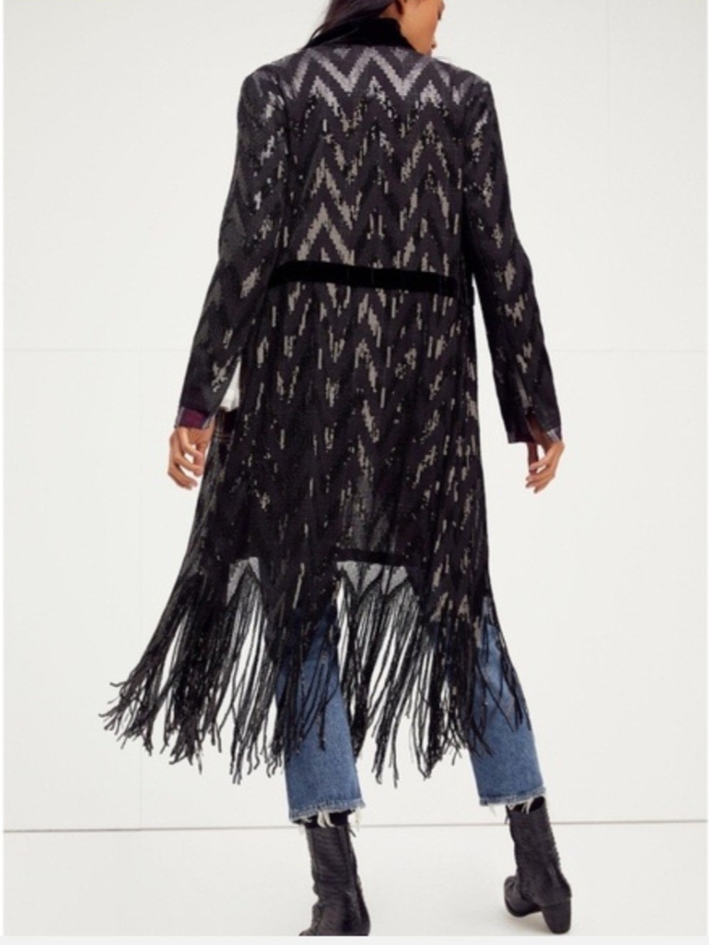 We The Free Black Fringe Openwork Long Coat